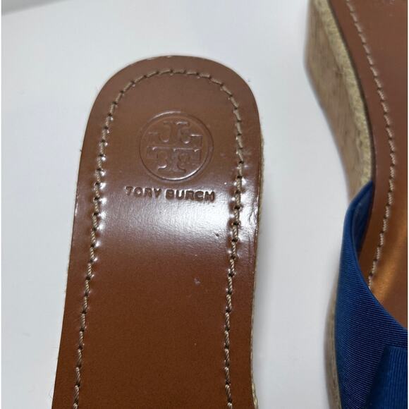 Tory Burch Sandals Wedge Slides Navy Blue Logo Bow Ribbon Size 8.5 - Picture 4 of 14